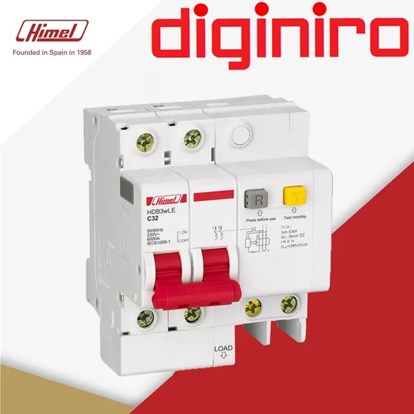 کلید نشتی جریان ترکیبی RCBO دو پل 32 آمپر هیمل  _ 30 میلی آمپر _ 6KA کد فنی HDB3WLEN2C32